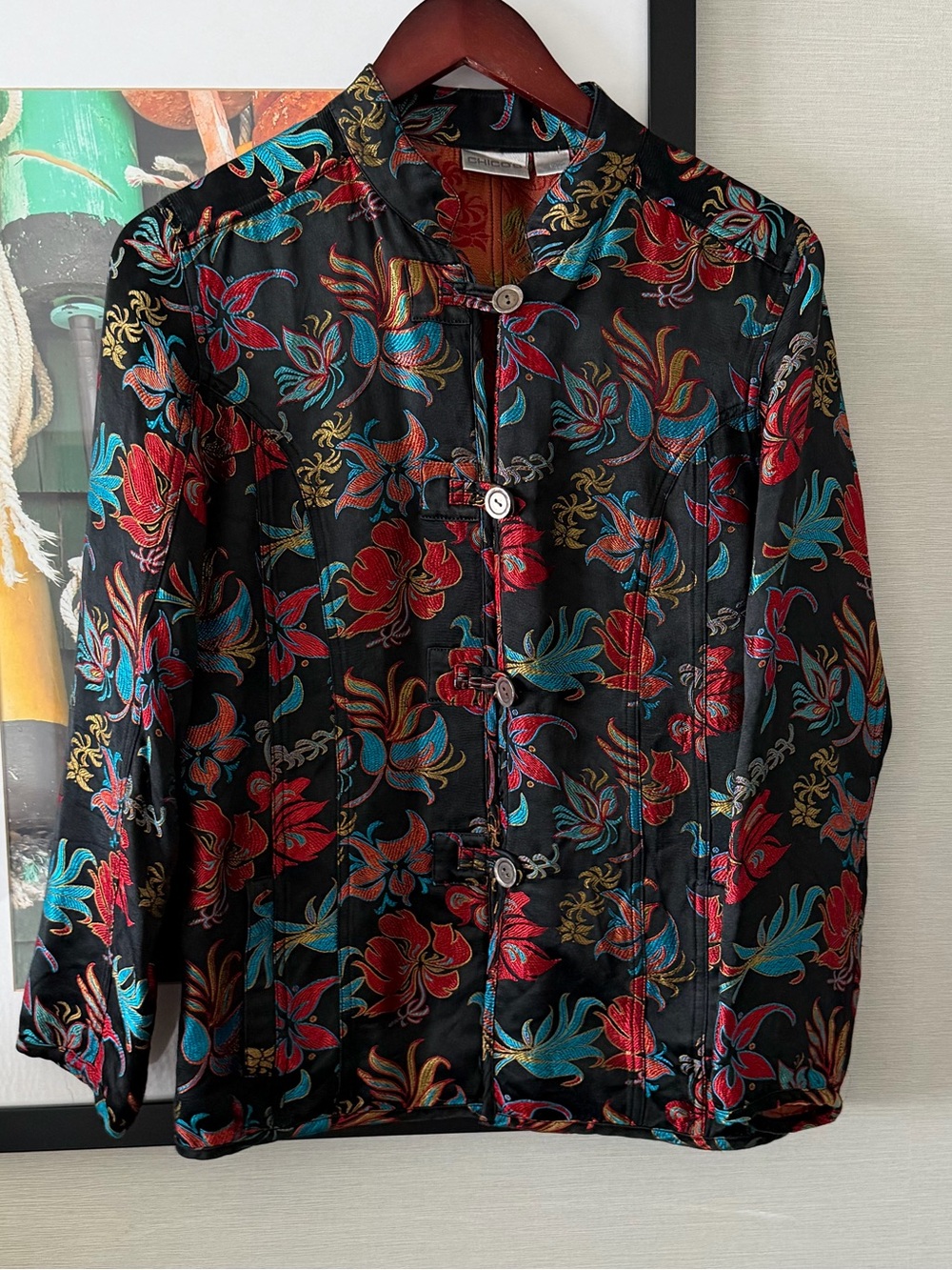 Chico’s Size 1 Silk Blend Asian Inspired Jacket Mandarin Collar